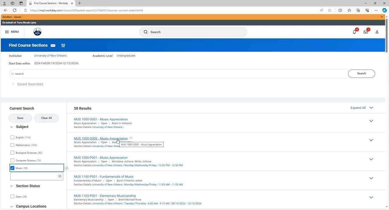 Music Appreciation course highlighted in the search results, with options to add or register