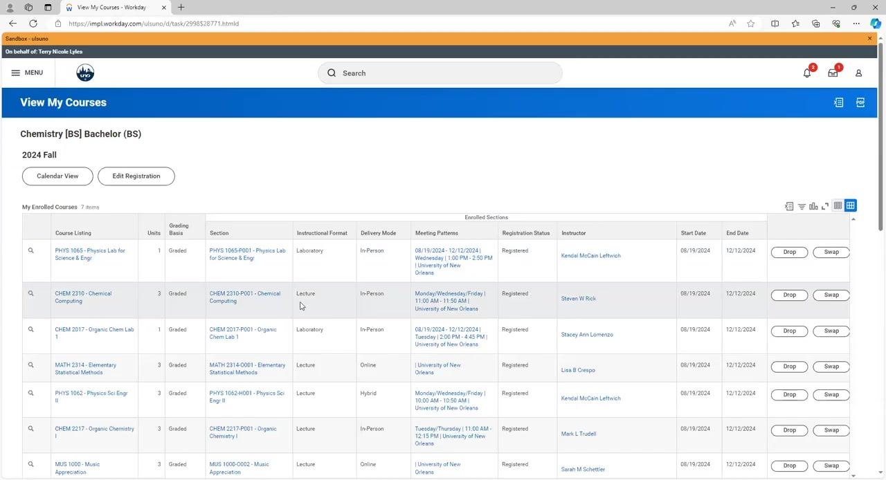 Register for Course Section screen showing course selection, section details, and the Register button