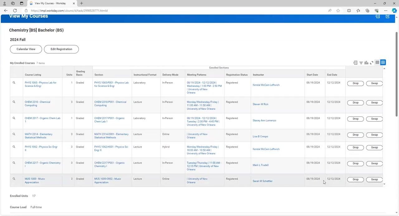 View My Courses screen with the Drop button highlighted for a specific course