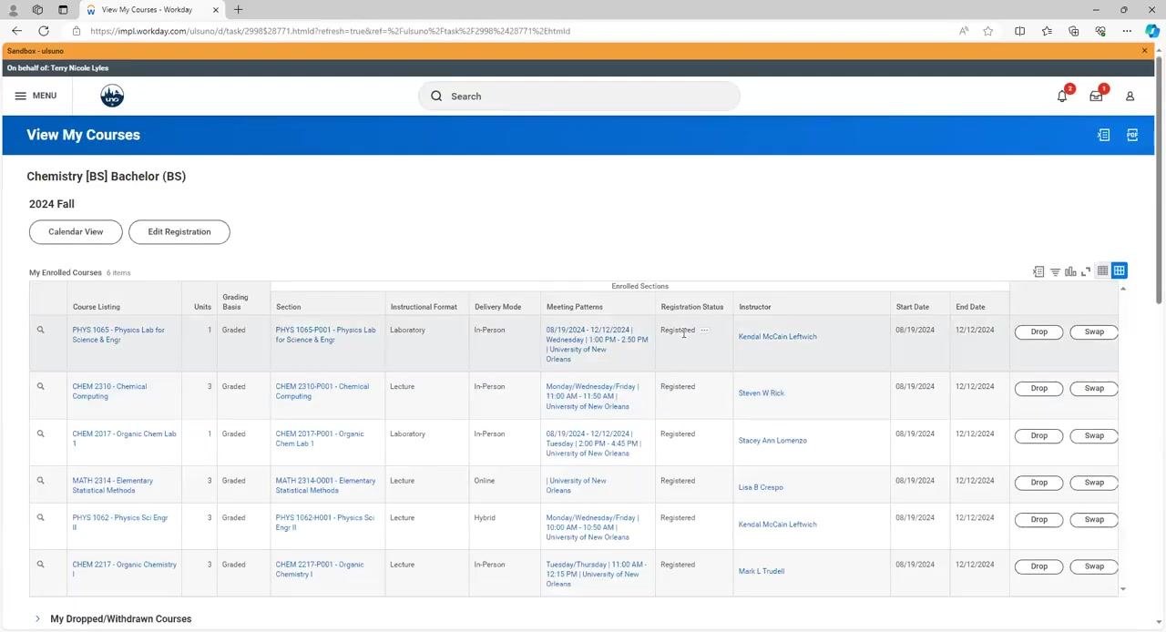 View My Courses screen showing the course successfully removed from the schedule