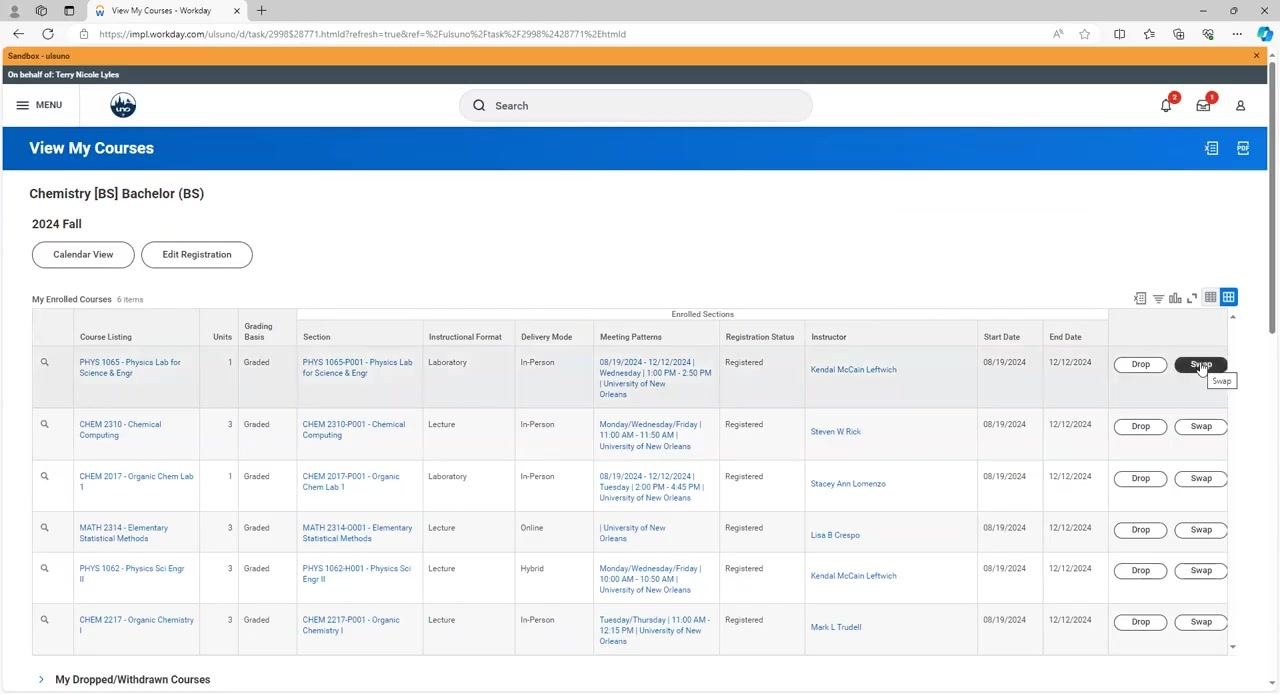 View My Courses screen with the Swap button highlighted for a specific course
