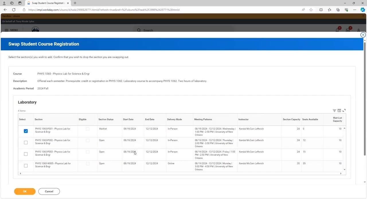 Swap Student Course Registration screen with options to select New Course or New Section, and OK/Cancel buttons