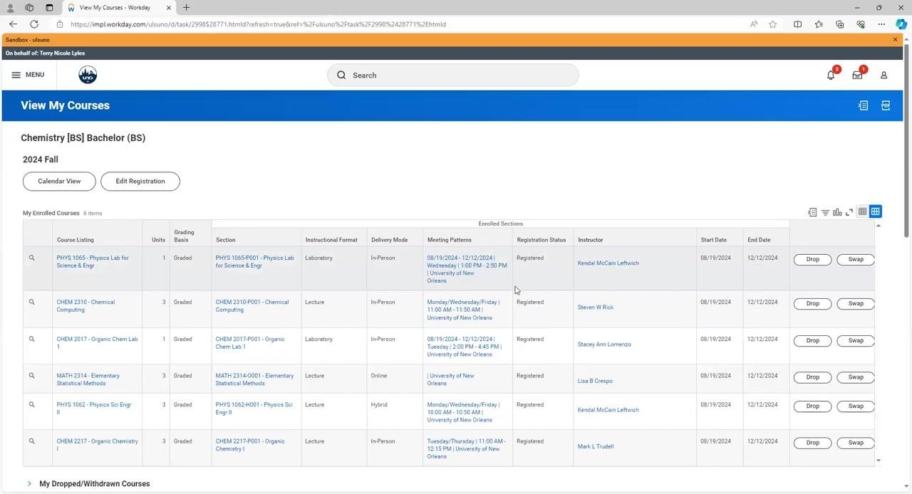 Swap Student Course Registration screen with an error banner and the new section selected, user clicking OK