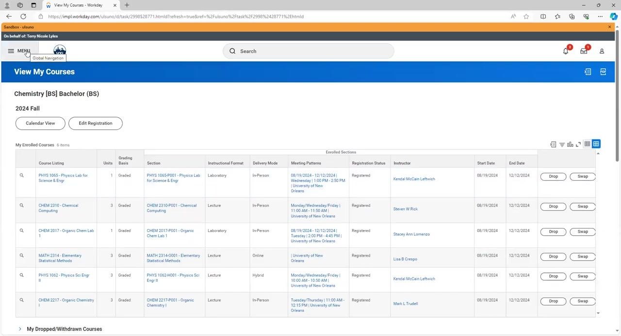 View My Courses screen with the MENU button highlighted for navigation
