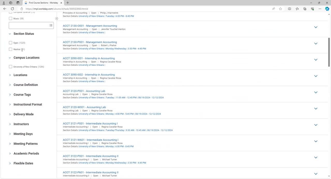 Course sections search results with filters for subject, section status, and more on the left, and a list of available courses on the right