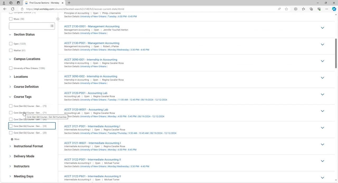 Course Tags filter expanded, with options for Gen Ed Social Science, English Composition, and Humanities visible