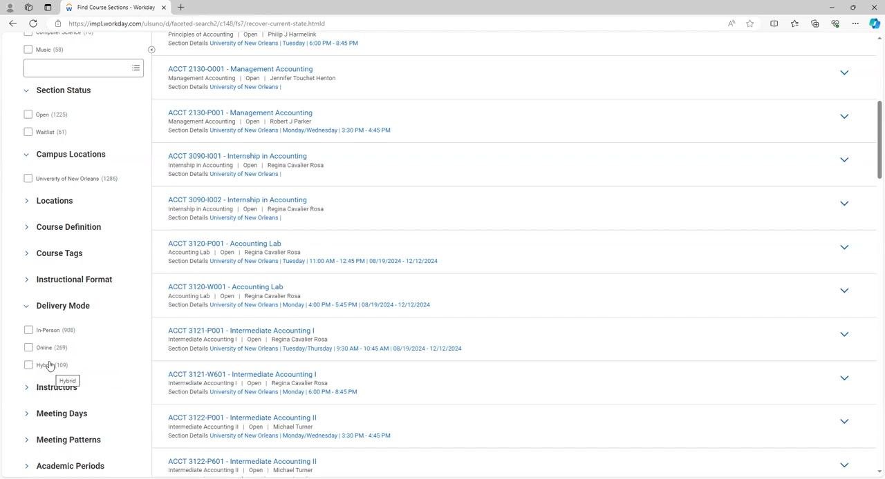 Delivery Mode filter expanded, showing In-Person, Online, and Hybrid options