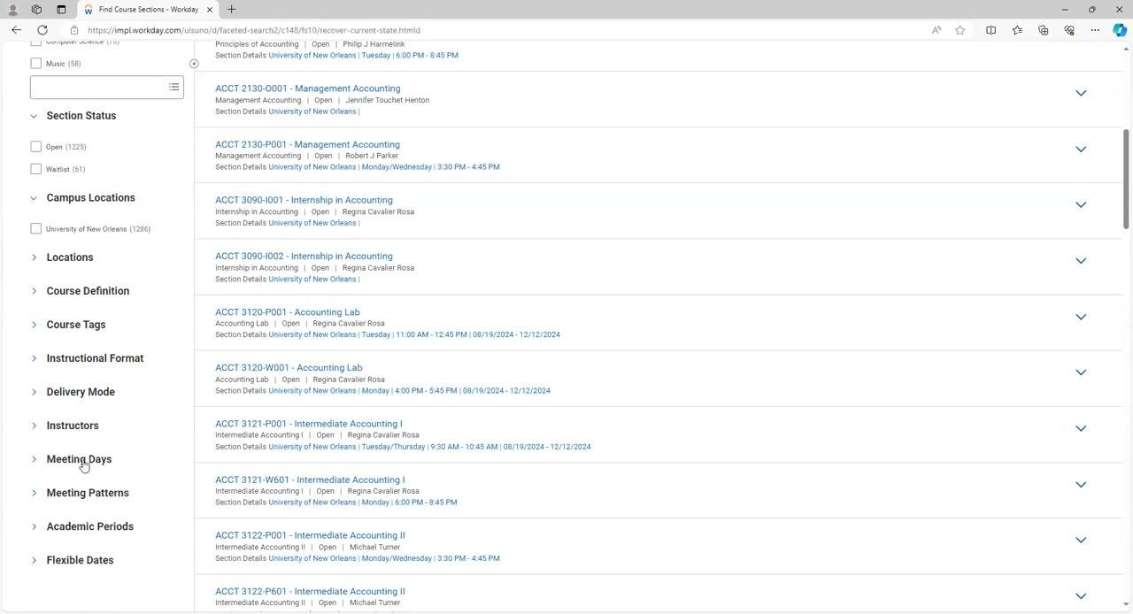 Meeting Days filter being selected, showing options for different days