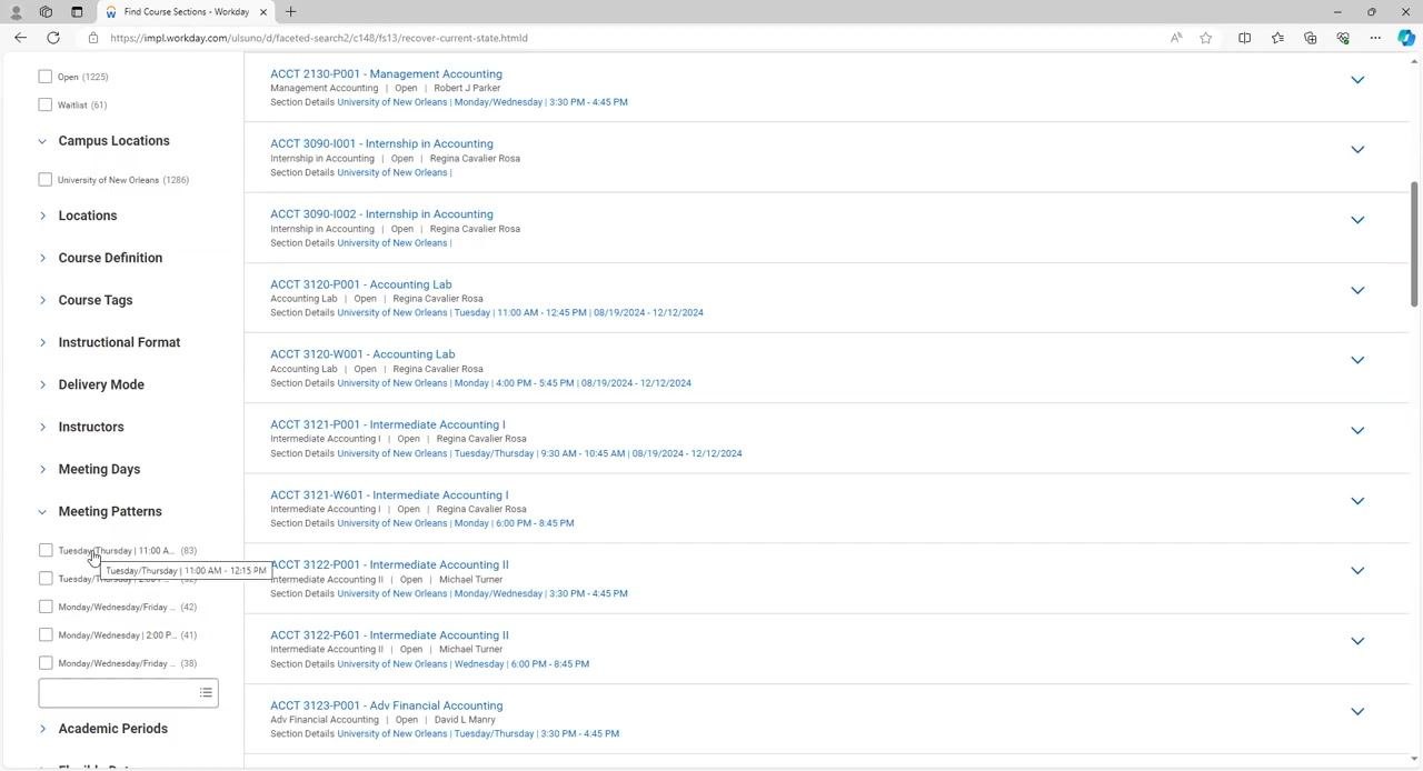 Search bar with "univ" entered, showing filtered results for University Success courses