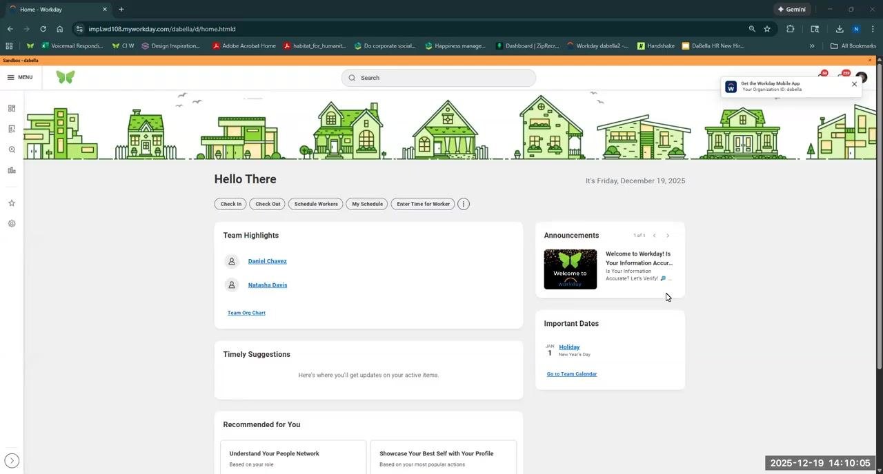 Workday home page displaying the dashboard, team highlights, announcements, and the menu button