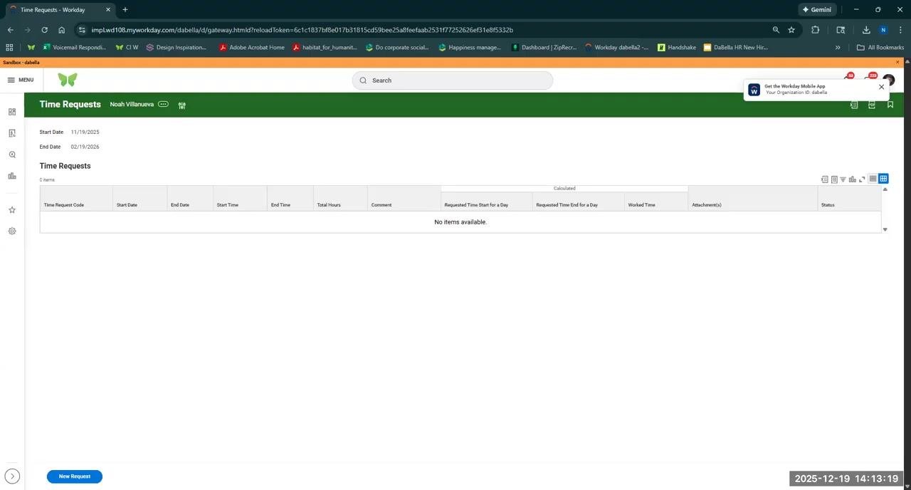 Workday Time Requests page showing no items available, with columns for request details and a New Request button