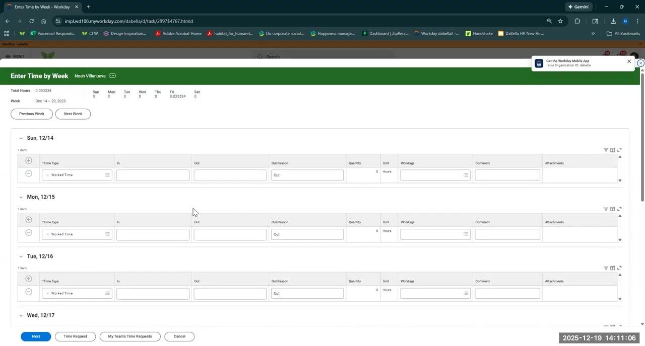 Weekly time entry calendar showing worked time for each day, with a summary panel on the right
