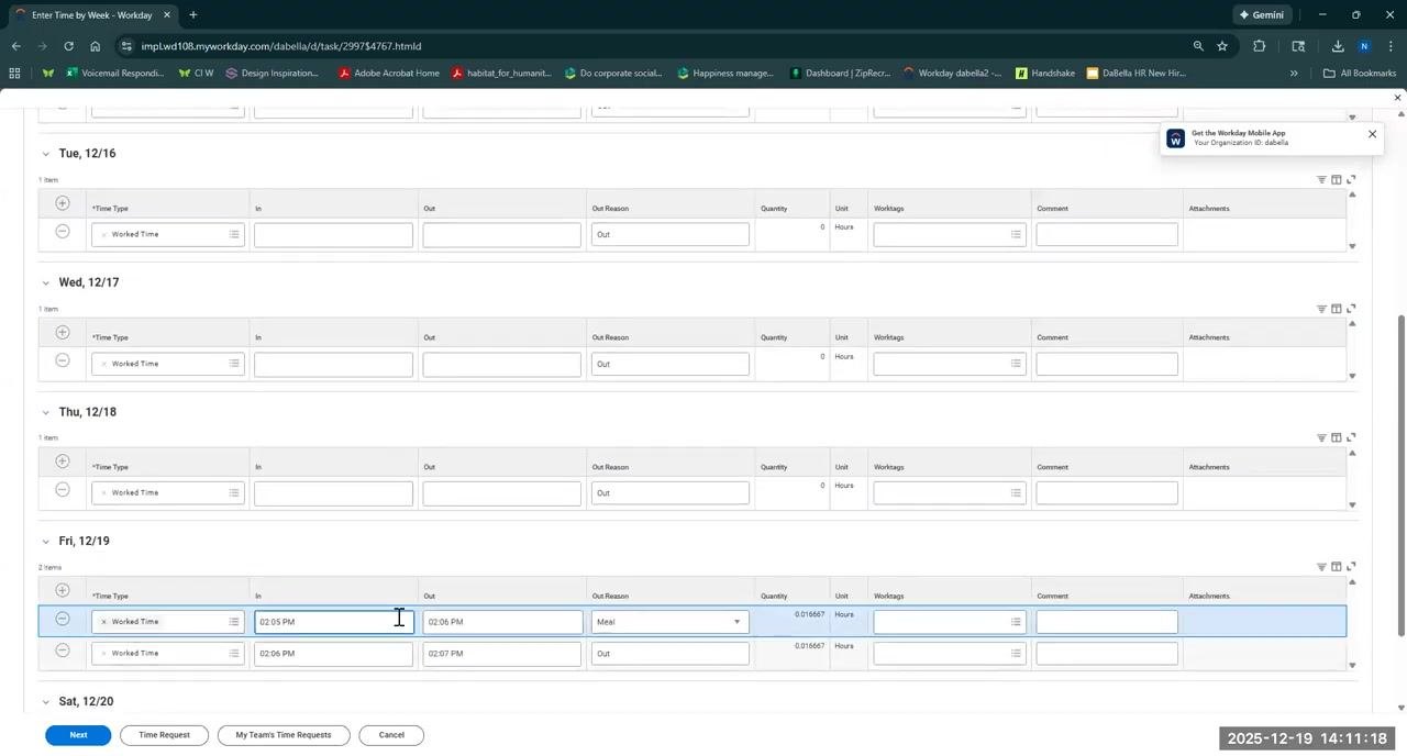 Actions menu open with Enter Time by Week highlighted in the weekly time entry view