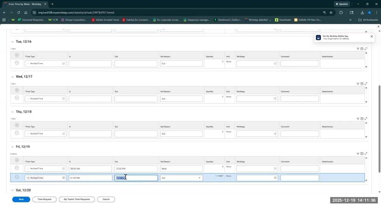 Weekly time entry form with detailed fields for each day, showing example entries for Friday