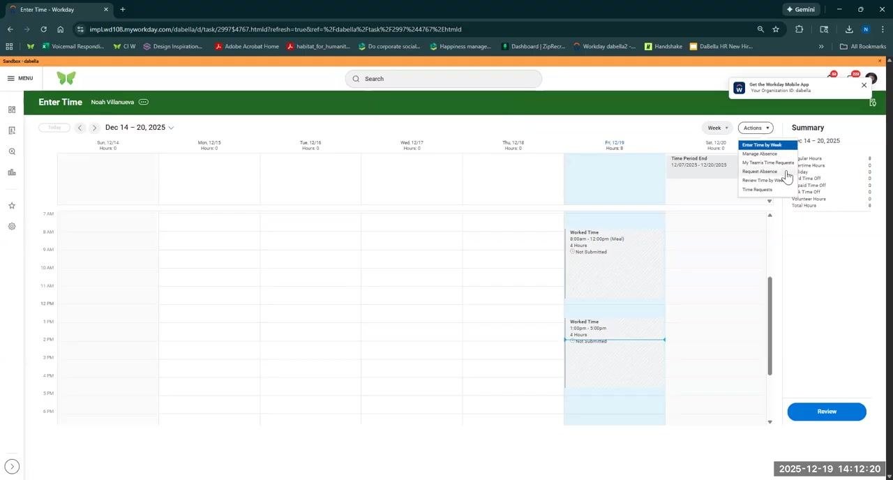 Actions menu open with options for managing absences, requesting absences, reviewing time by week, and viewing time requests