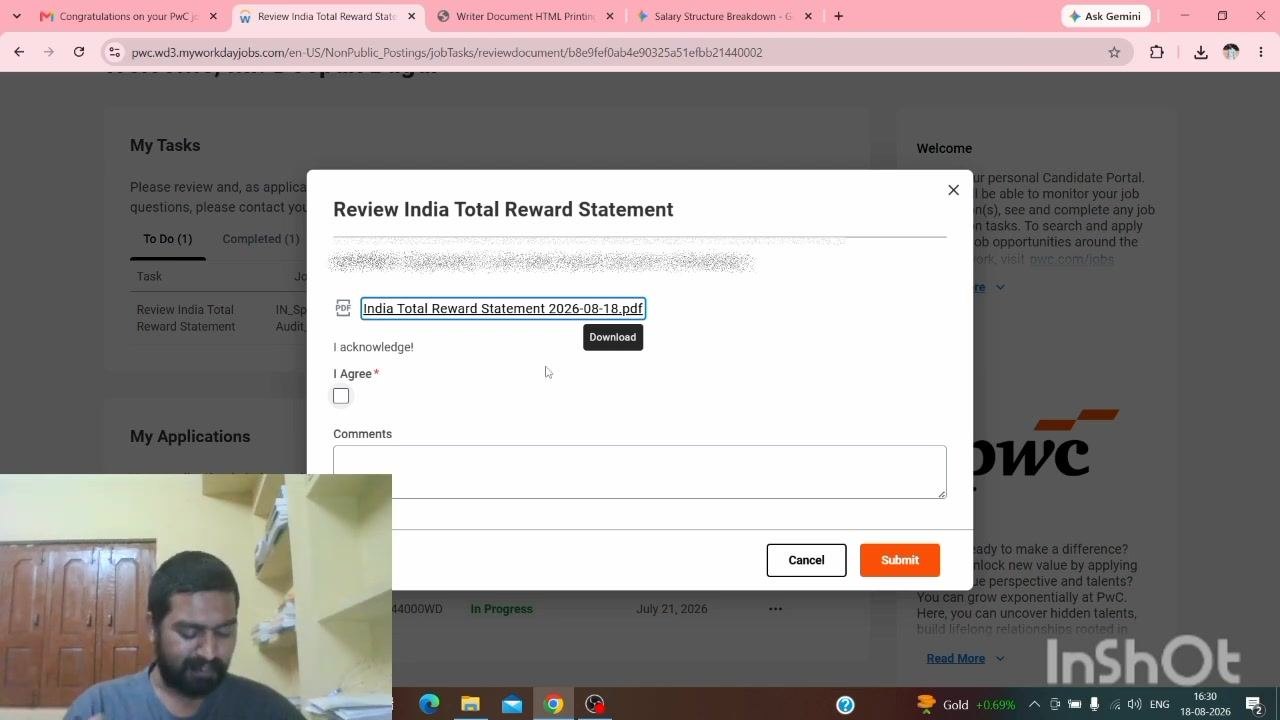 Reward statement review window with the I Agree checkbox and comment box, ready for submission.