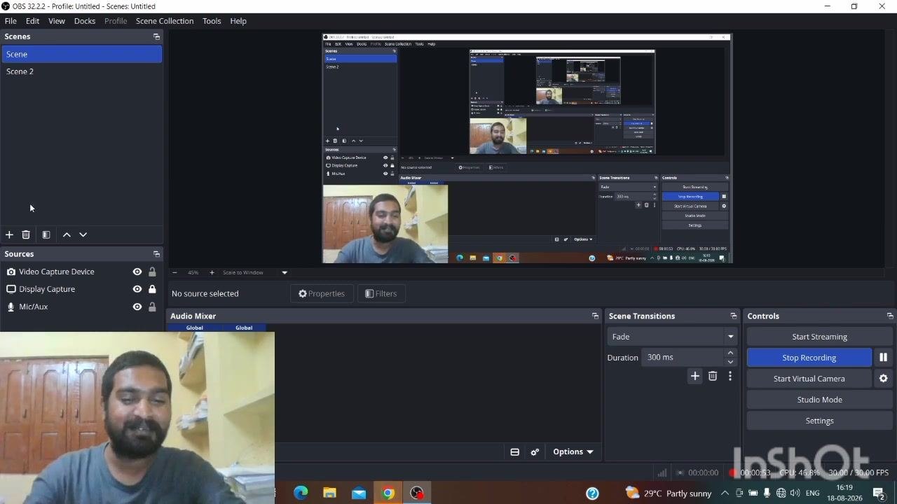 Google Chrome browser open with a "Restore pages?" prompt, Google homepage, and user webcam overlay in the corner.
