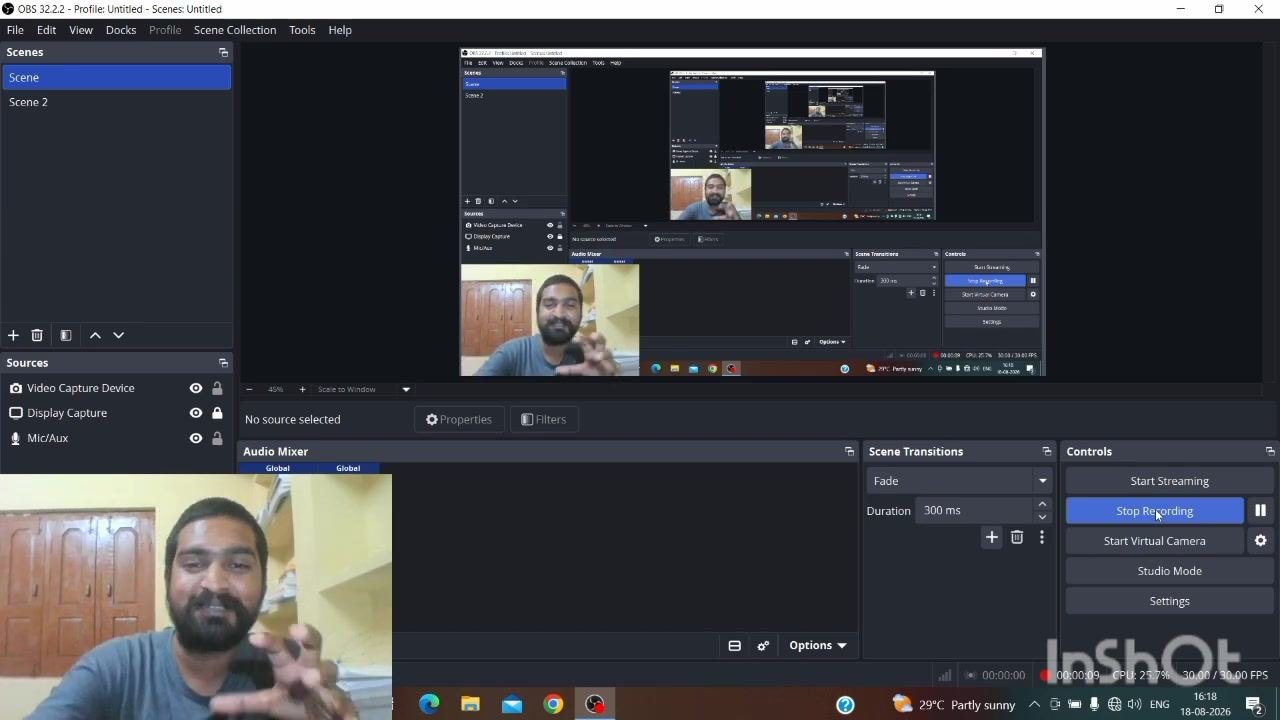 OBS Studio interface with webcam feed, display capture, and audio mixer visible. User is present in the webcam window.