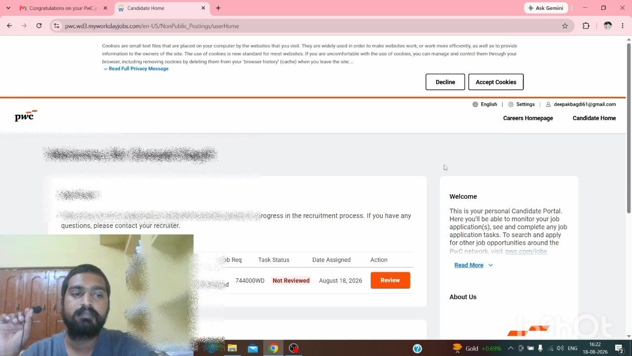 PwC Candidate Home dashboard showing the To Do List and Active Applications, with a Review button visible for a pending task.