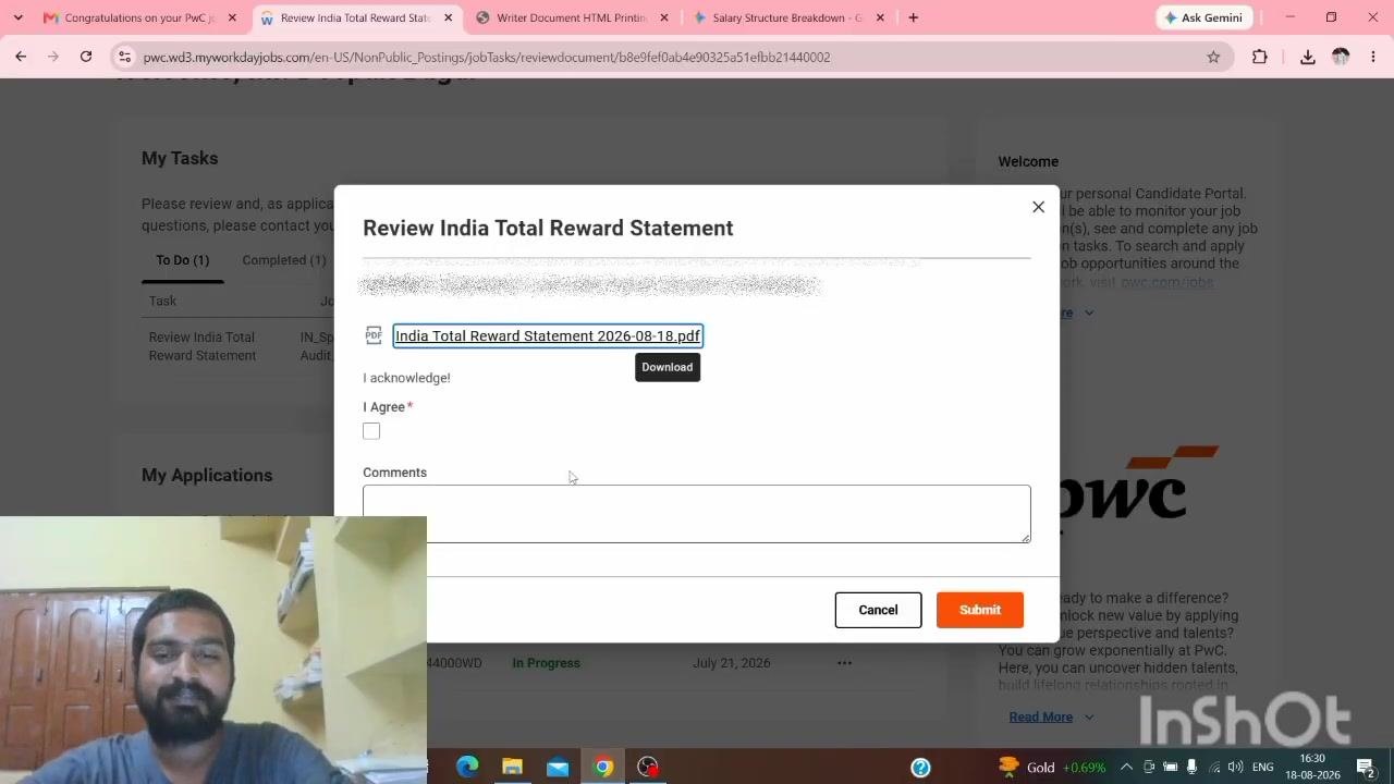 Reward statement review window open with the PDF link highlighted.