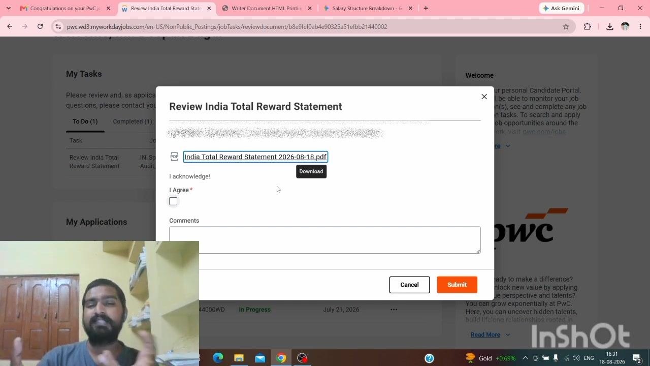 Review India Total Reward Statement dialog showing the download link, I Agree checkbox, comments field, and Submit and Cancel buttons.