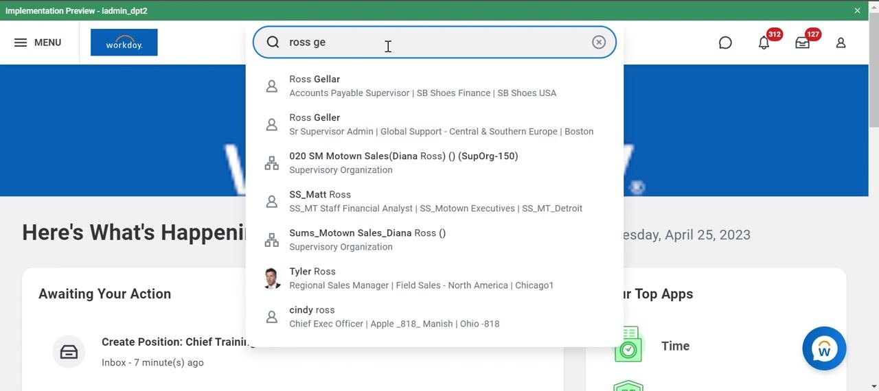 Workday dashboard with the search bar active, showing recent searches and quick filter options