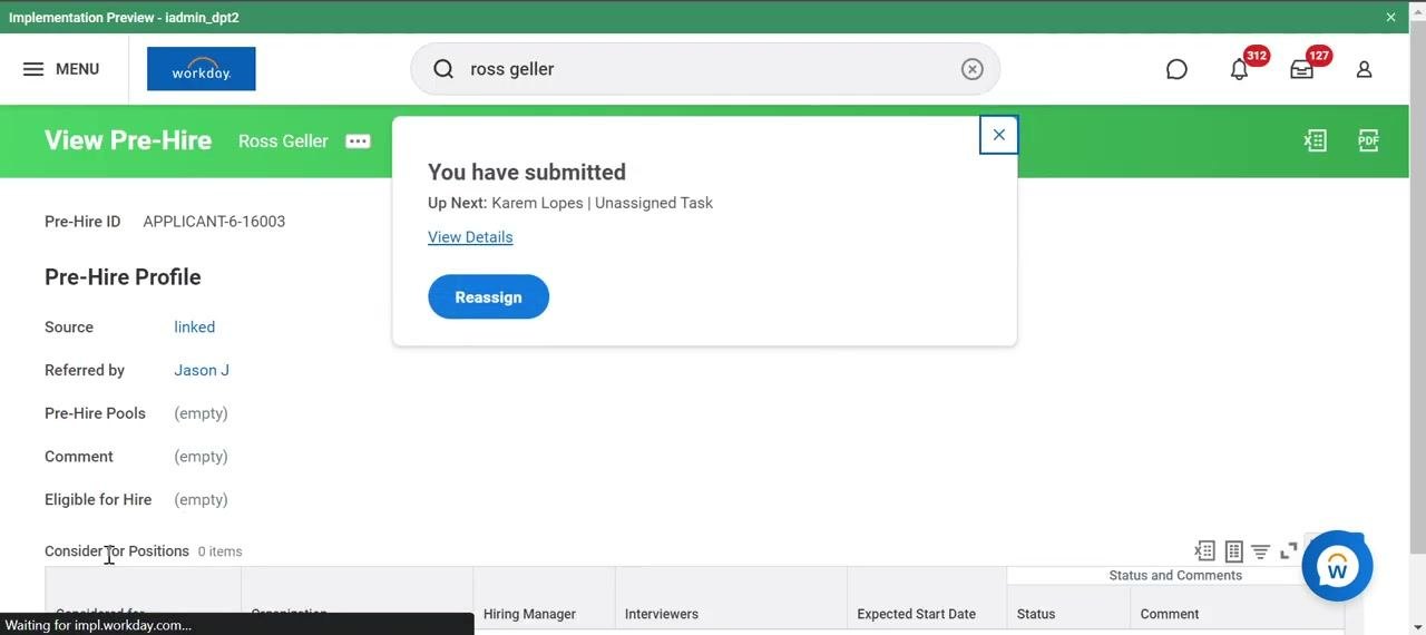 Submission confirmation message on the pre-hire profile page