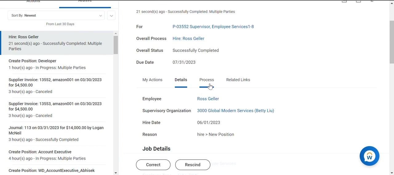 View Event summary for a completed hire with navigation tabs and action buttons