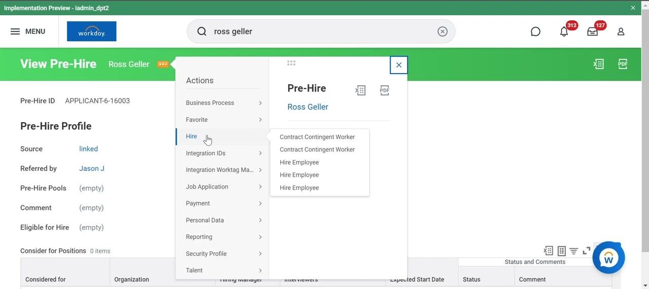 Hire Employee dialog with the Supervisory Organization field showing search results for "betty"