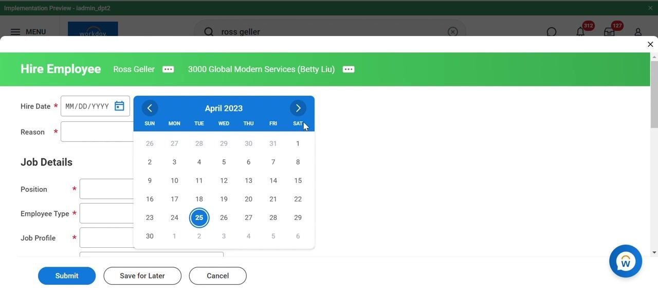Hire Employee form with the calendar open to select the hire date