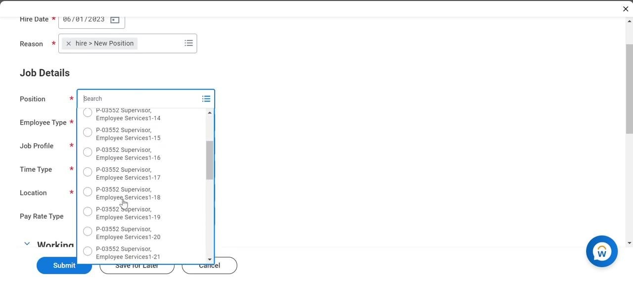 Reason dropdown open with "hire > New Position" being selected