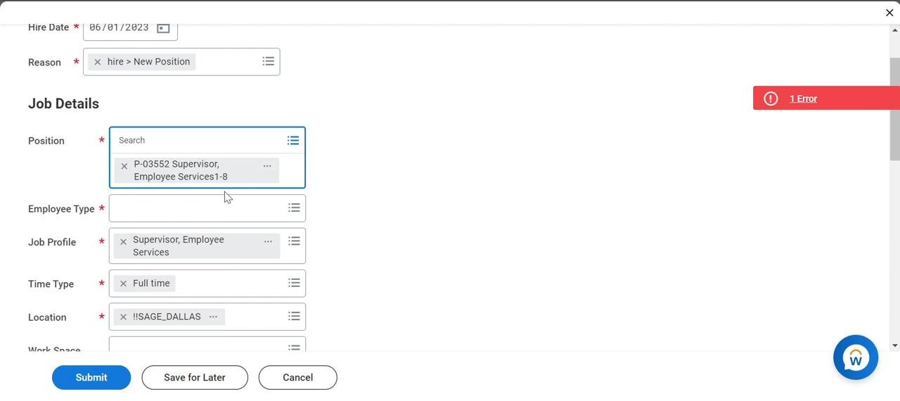 Job Details section with required fields filled in and an error indicator visible