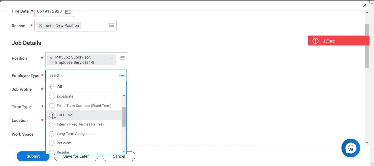 Employee Type dropdown open with "FULL TIME" being selected