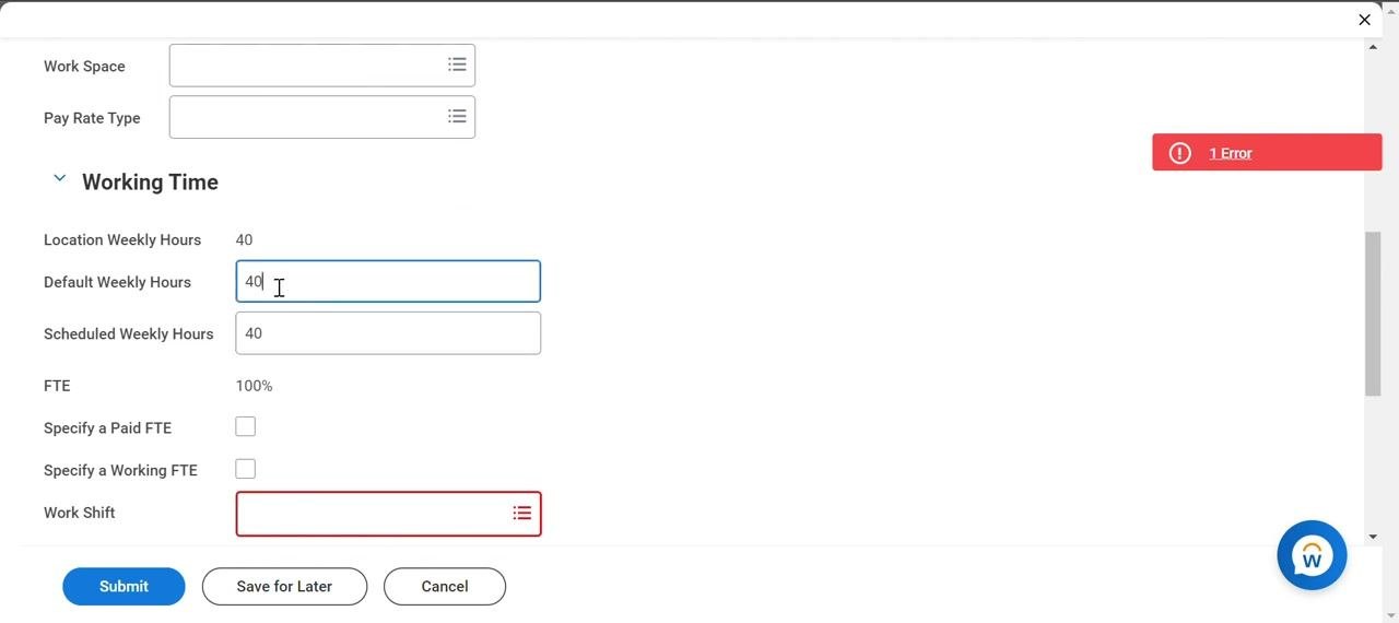 Working Time section with weekly hours being edited