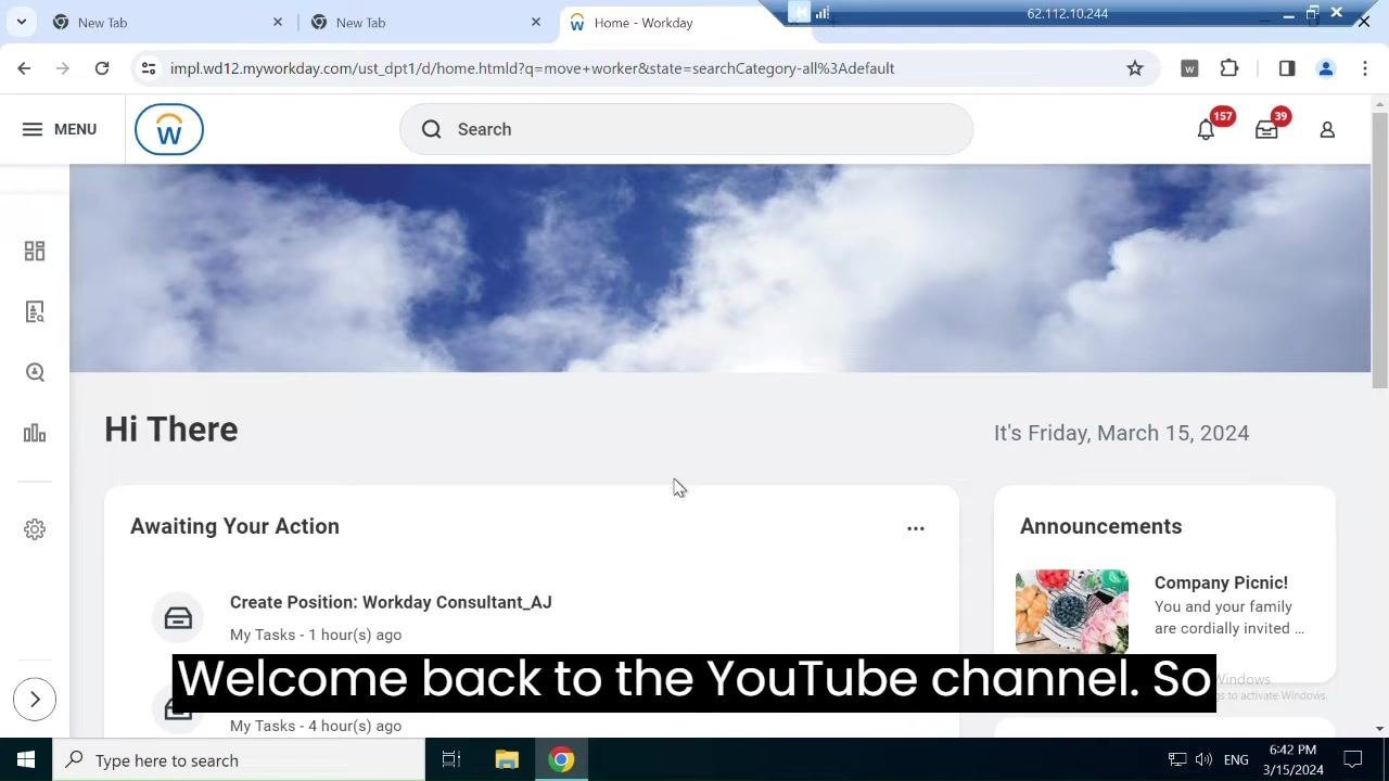 Workday home page displaying a greeting along with the Awaiting Your Action and Announcements panels.