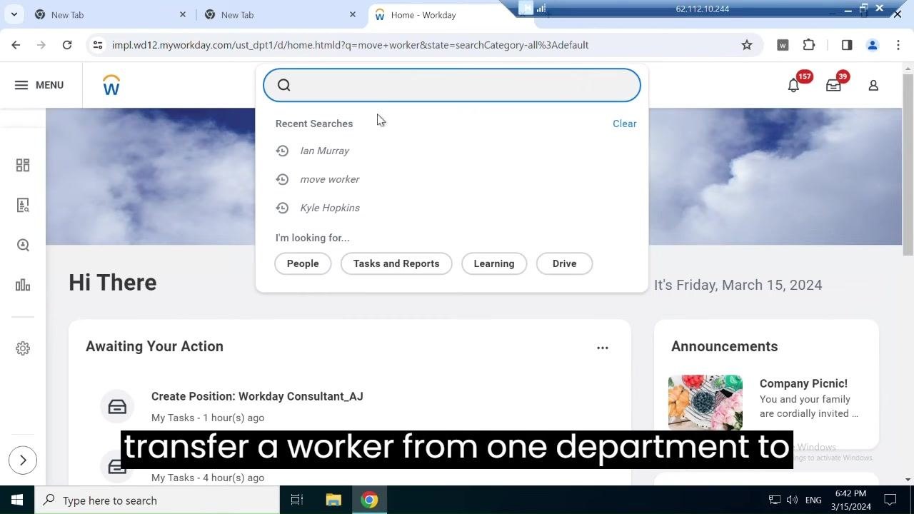 Search bar showing recent searches, including Ian Murray and move worker, with options for People, Tasks and Reports, Learning, and Drive.