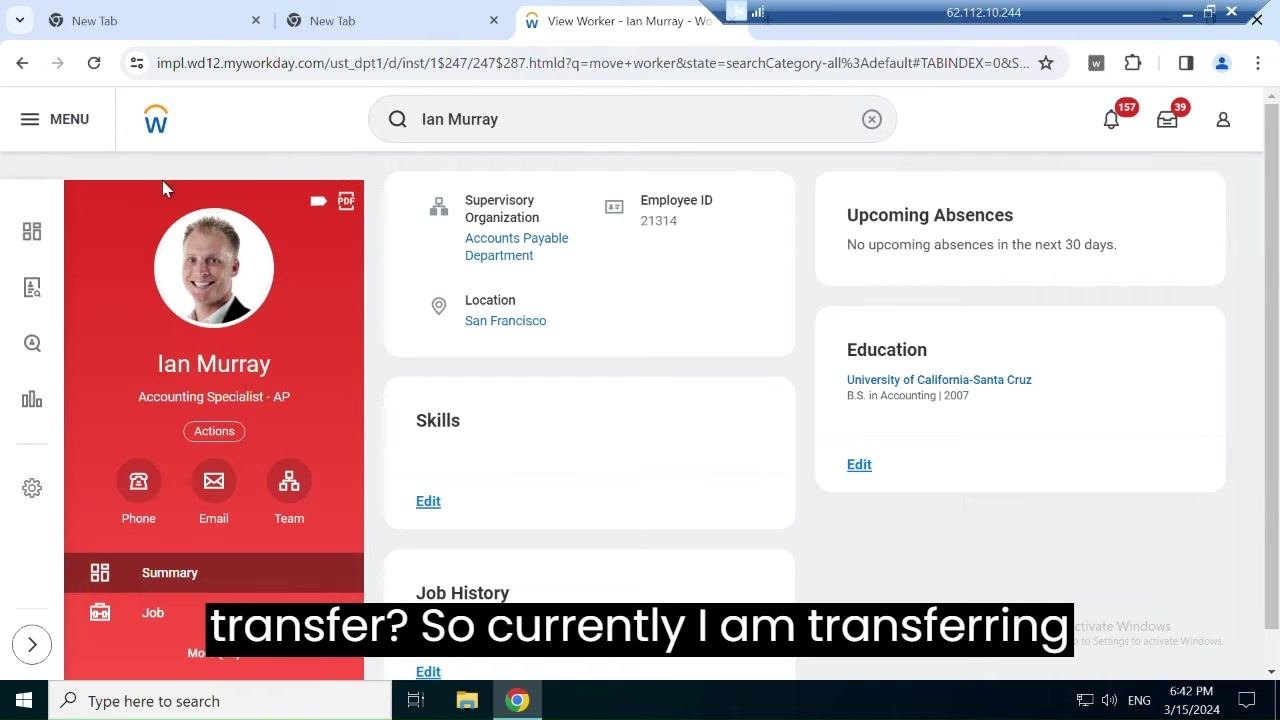 Ian Murray's employee profile showing the current department, Accounts Payable Department, along with location and other details.