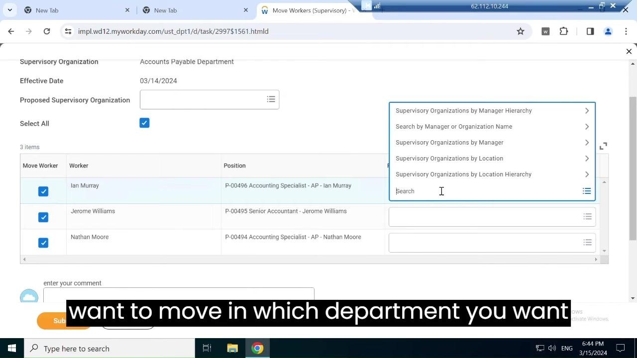All workers selected, with the cursor in the Proposed Supervisory Organization field for Ian Murray and organization search options visible.
