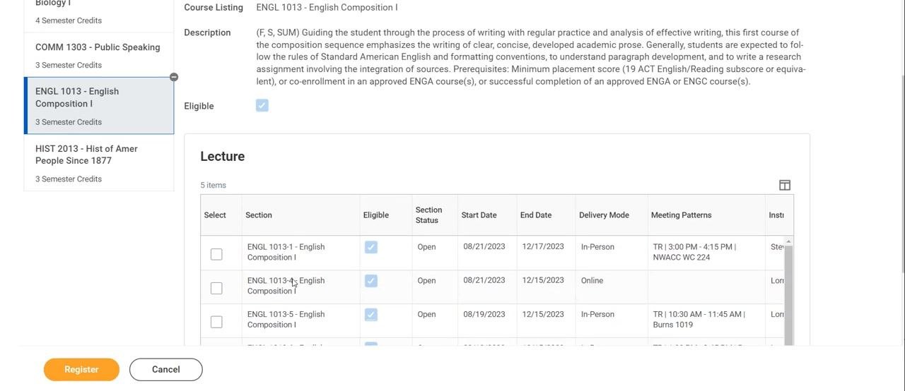 Course selection screen showing section details, delivery mode, meeting patterns, and selection checkboxes
