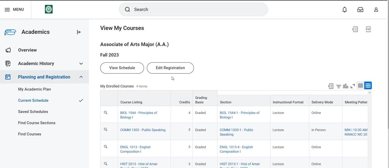 View My Courses screen showing enrolled courses, View Schedule, and Edit Registration buttons