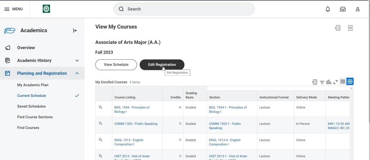 Edit Registration button highlighted on the View My Courses page