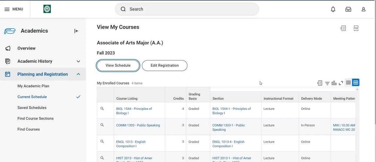 Confirmation screen showing registered courses with options to view schedule or edit registration