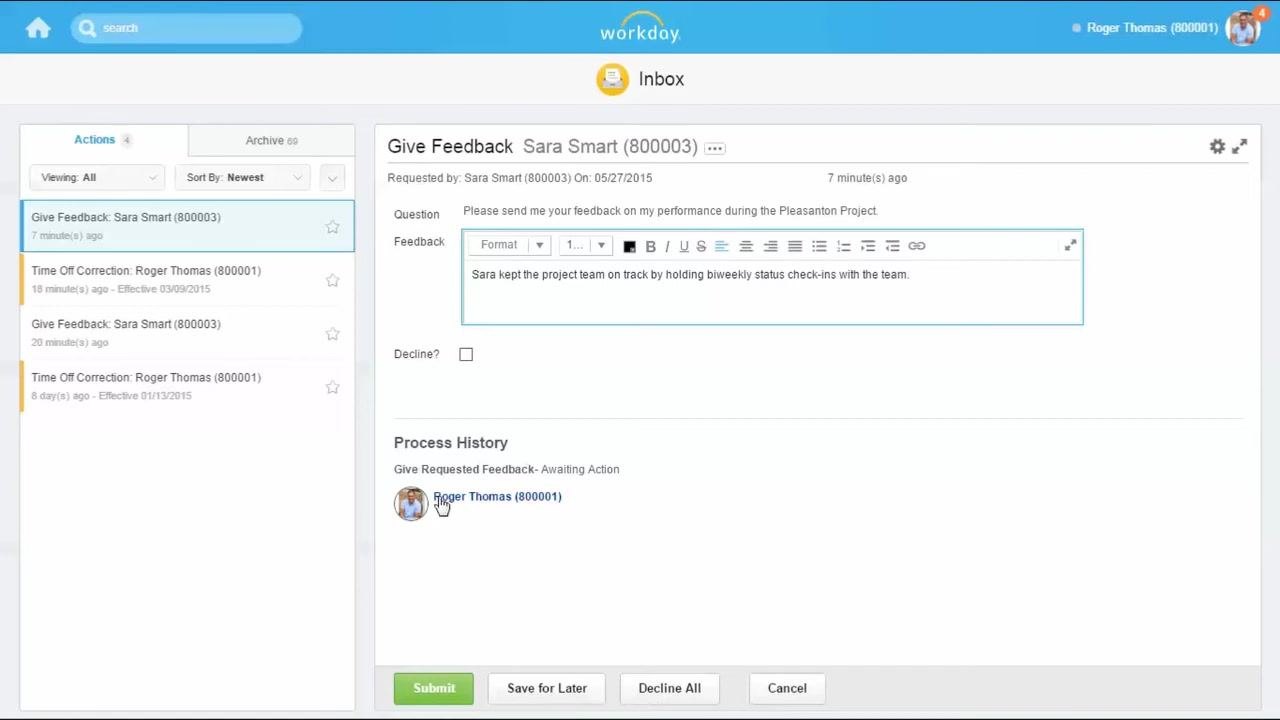 Workday home page for a feedback recipient, showing the Inbox with a notification badge