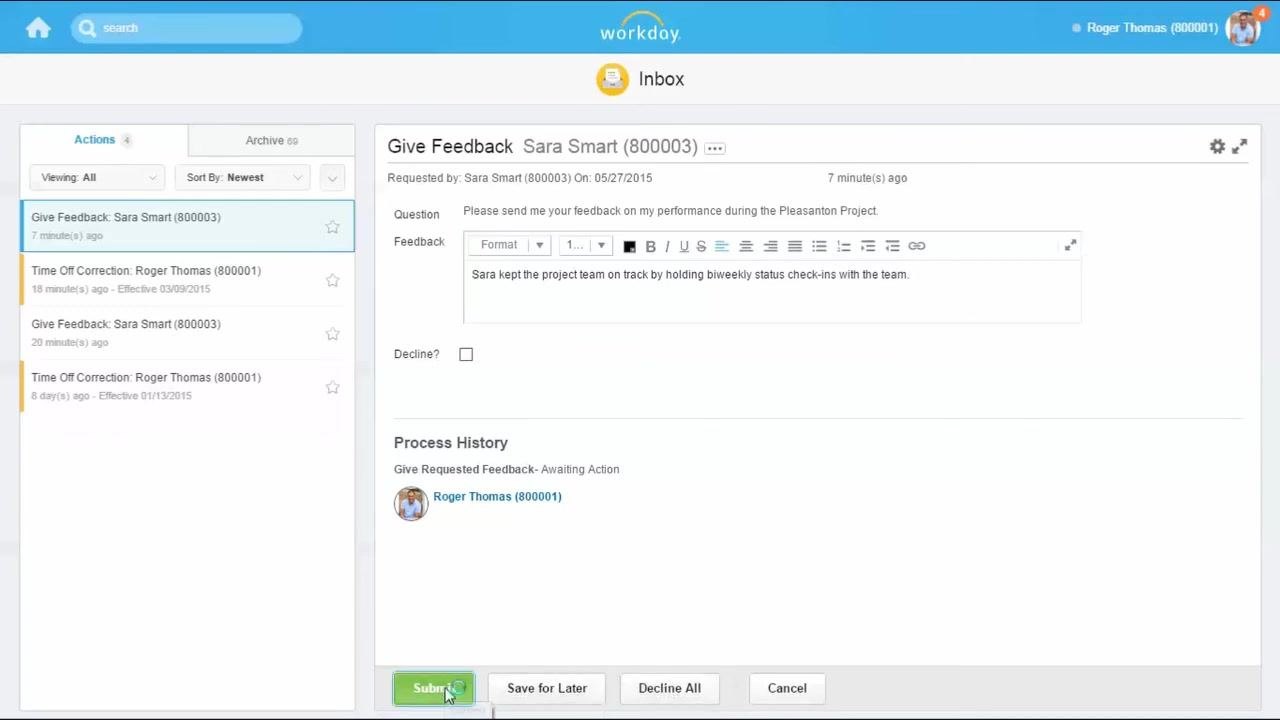 Workday Performance dashboard with Actions, External Links, View, and My Reviews sections