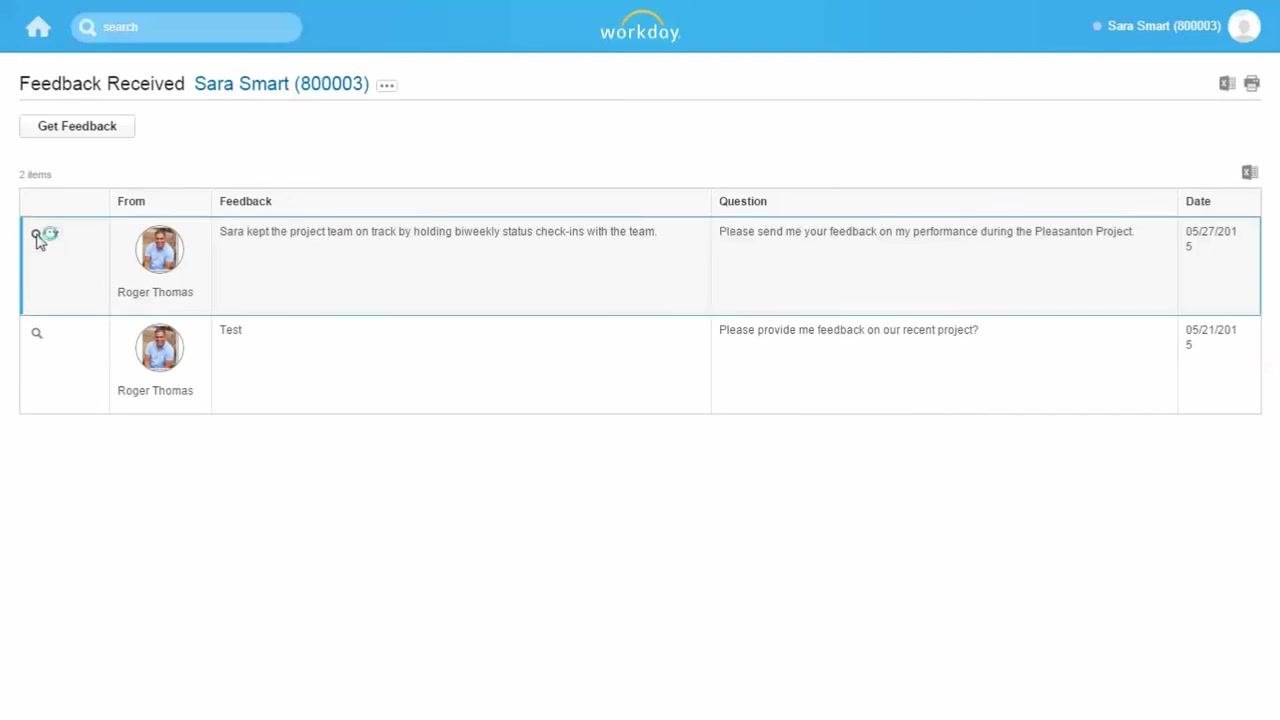 Detailed feedback view showing subject, sender, confidentiality status, question, feedback text, requester, and date