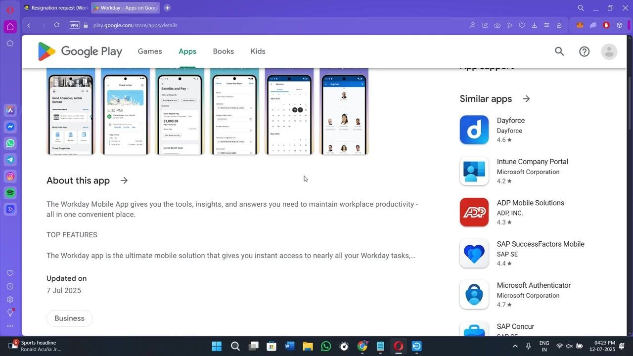 Google Play Store listing for the Workday app showing app details, screenshots, and the Install button