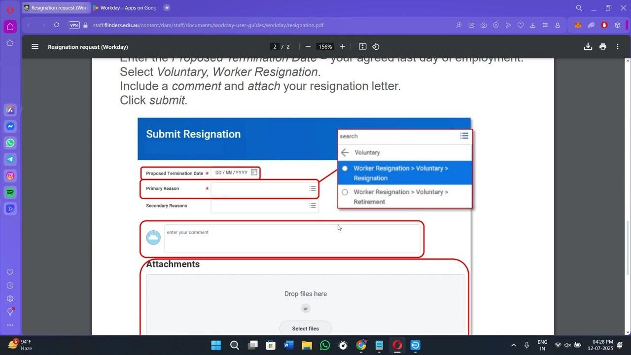 Screen showing the Submit Resignation form with highlighted fields for Proposed Termination Date, Primary Reason, comment entry, and Attachments section. The browser is open to a PDF user guide, and the desktop shows various application icons on the left sidebar.
