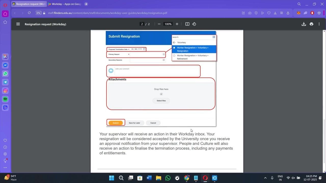 Workday interface with Actions, Job Change, and Resign highlighted, including a note about contacting HR if the option is missing