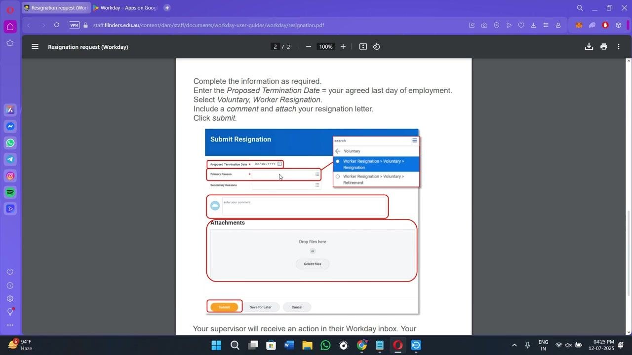 Submit Resignation form with the Proposed Termination Date field highlighted