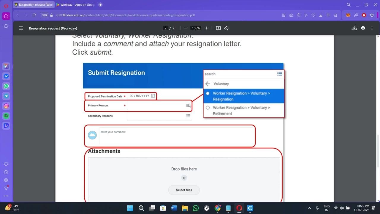Submit Resignation form showing all fields and the Submit button, ready for final review